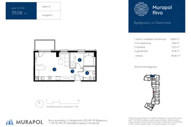 Rzut - Mieszkanie na sprzedaż 1 pokój o powierzchni 39,08 m² - numer 1.C.2.04 w Murapol Rivo
