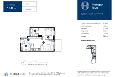 Rzut - Mieszkanie na sprzedaż 2 pokoje o powierzchni 41,21 m² - numer 1.B.6.05 w Murapol Rivo