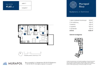 Rzut - Mieszkanie na sprzedaż 2 pokoje o powierzchni 41,65 m² - numer 1.B.1.06 w Murapol Rivo