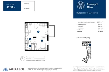 Rzut - Mieszkanie na sprzedaż 2 pokoje o powierzchni 42,92 m² - numer 1.C.1.06 w Murapol Rivo