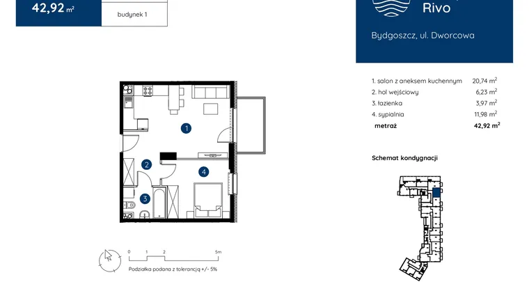 Rzut - Mieszkanie na sprzedaż 2 pokoje o powierzchni 42,92 m² - numer 1.C.1.06 w Murapol Rivo