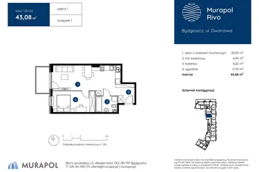 Rzut - Mieszkanie na sprzedaż 2 pokoje o powierzchni 43,08 m² - numer 1.B.1.02 w Murapol Rivo