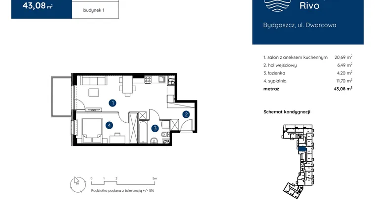 Rzut - Mieszkanie na sprzedaż 2 pokoje o powierzchni 43,08 m² - numer 1.B.1.02 w Murapol Rivo