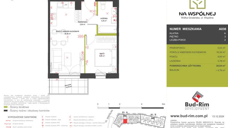 Rzut - Mieszkanie na sprzedaż 2 pokoje o powierzchni 38,04 m² - numer 36 w Na Wspólnej