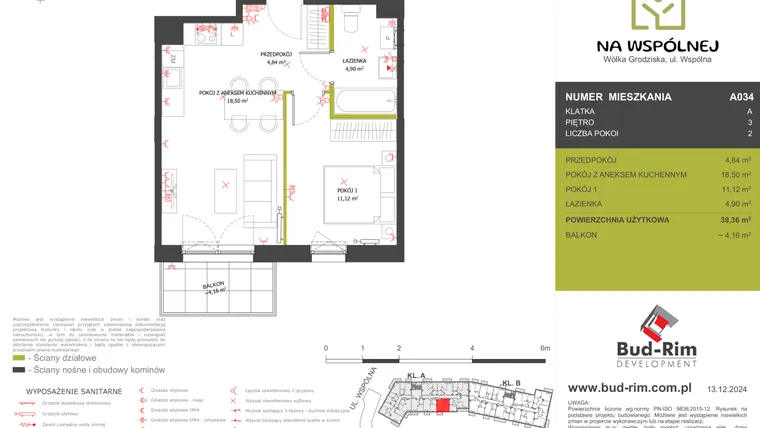 Rzut - Mieszkanie na sprzedaż 2 pokoje o powierzchni 39,36 m² - numer 34 w Na Wspólnej