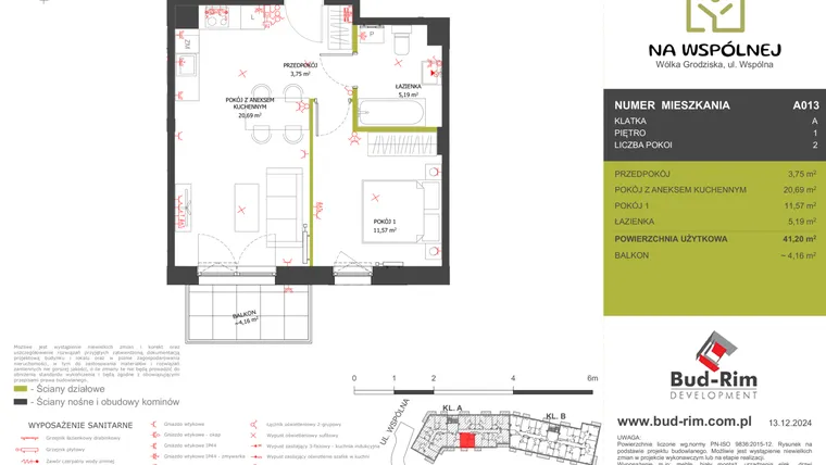 Rzut - Mieszkanie na sprzedaż 2 pokoje o powierzchni 41,2 m² - numer 13 w Na Wspólnej