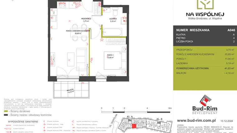Rzut - Mieszkanie na sprzedaż 2 pokoje o powierzchni 41,23 m² - numer 46 w Na Wspólnej