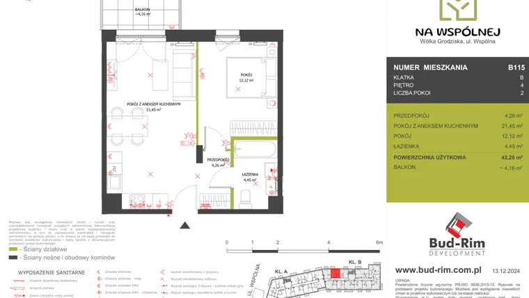 Rzut - Mieszkanie na sprzedaż 2 pokoje o powierzchni 42,28 m² - numer 115 w Na Wspólnej