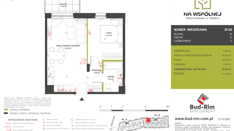 Rzut - Mieszkanie na sprzedaż 2 pokoje o powierzchni 42,28 m² - numer 126 w Na Wspólnej