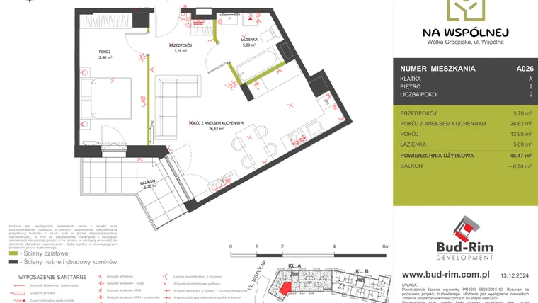 Rzut - Mieszkanie na sprzedaż 2 pokoje o powierzchni 48,47 m² - numer 26 w Na Wspólnej
