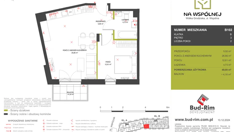 Rzut - Mieszkanie na sprzedaż 2 pokoje o powierzchni 49 m² - numer 102 w Na Wspólnej
