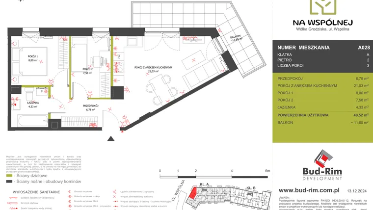Rzut - Mieszkanie na sprzedaż 3 pokoje o powierzchni 48,52 m² - numer 28 w Na Wspólnej