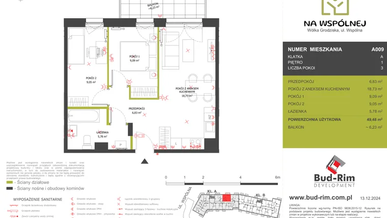 Rzut - Mieszkanie na sprzedaż 3 pokoje o powierzchni 49,48 m² - numer 9 w Na Wspólnej