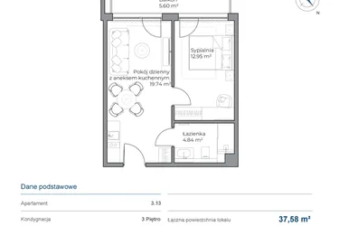 Rzut - Mieszkanie na sprzedaż 2 pokoje o powierzchni 37,58 m² - numer B.3.13 w Anchoria Holiday