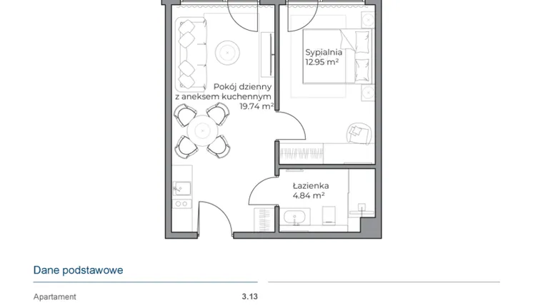 Rzut - Mieszkanie na sprzedaż 2 pokoje o powierzchni 37,58 m² - numer B.3.13 w Anchoria Holiday
