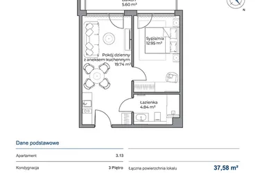 Rzut - Mieszkanie na sprzedaż 2 pokoje o powierzchni 37,58 m² - numer 3.13 w Anchoria Holiday