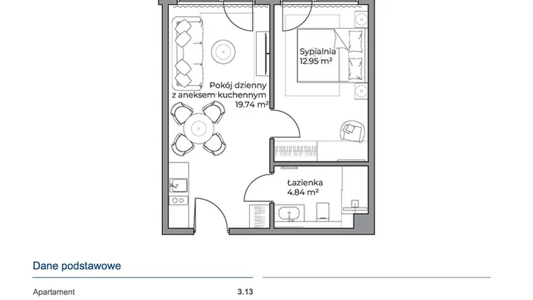 Rzut - Mieszkanie na sprzedaż 2 pokoje o powierzchni 37,58 m² - numer 3.13 w Anchoria Holiday