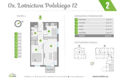 Rzut - Mieszkanie na sprzedaż 2 pokoje o powierzchni 47,35 m² - numer 2 w Os. Lotnictwa Polskiego 12