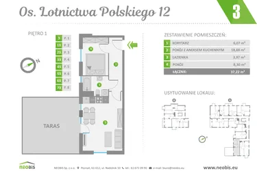 Rzut - Mieszkanie na sprzedaż 2 pokoje o powierzchni 37,22 m² - numer 3 w Os. Lotnictwa Polskiego 12