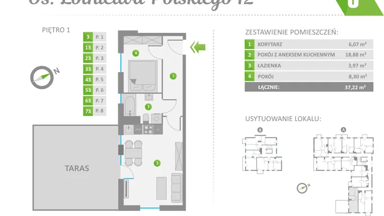 Rzut - Mieszkanie na sprzedaż 2 pokoje o powierzchni 37,22 m² - numer 3 w Os. Lotnictwa Polskiego 12