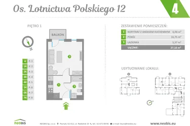 Rzut - Mieszkanie na sprzedaż 1 pokój o powierzchni 27,1 m² - numer 4 w Os. Lotnictwa Polskiego 12