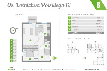 Rzut - Mieszkanie na sprzedaż 2 pokoje o powierzchni 43,19 m² - numer 8 w Os. Lotnictwa Polskiego 12