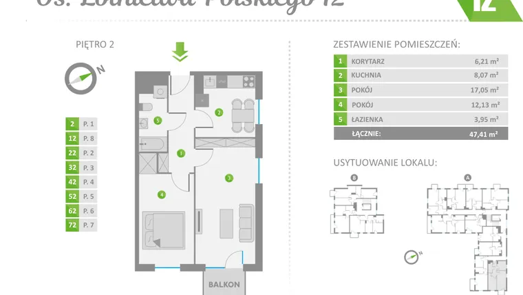 Rzut - Mieszkanie na sprzedaż 2 pokoje o powierzchni 47,41 m² - numer 12 w Os. Lotnictwa Polskiego 12