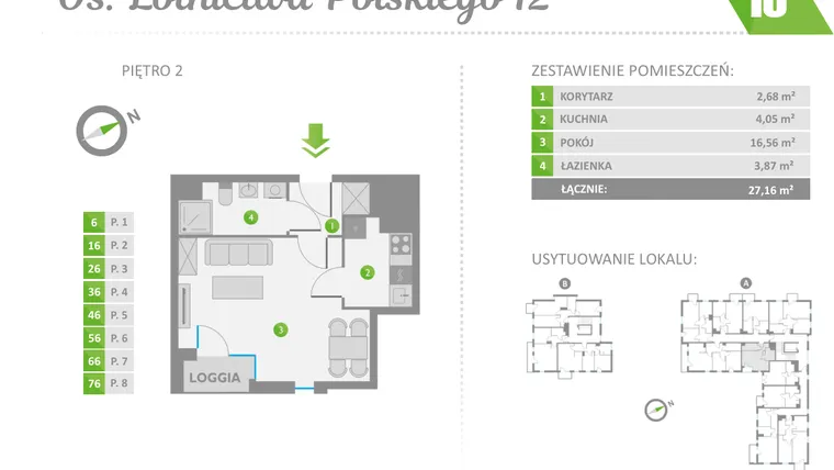 Rzut - Mieszkanie na sprzedaż 1 pokój o powierzchni 27,16 m² - numer 16 w Os. Lotnictwa Polskiego 12