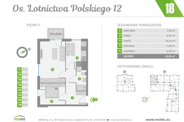 Rzut - Mieszkanie na sprzedaż 2 pokoje o powierzchni 43,09 m² - numer 18 w Os. Lotnictwa Polskiego 12