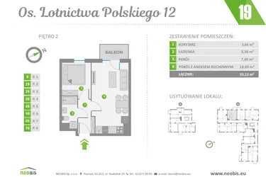 Rzut - Mieszkanie na sprzedaż 2 pokoje o powierzchni 33,13 m² - numer 19 w Os. Lotnictwa Polskiego 12