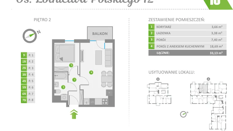 Rzut - Mieszkanie na sprzedaż 2 pokoje o powierzchni 33,13 m² - numer 19 w Os. Lotnictwa Polskiego 12