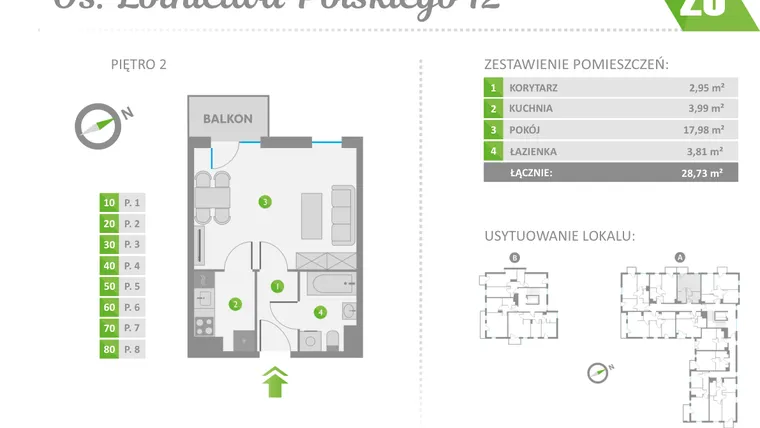 Rzut - Mieszkanie na sprzedaż 1 pokój o powierzchni 28,73 m² - numer 20 w Os. Lotnictwa Polskiego 12