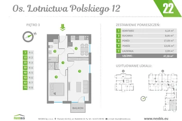 Rzut - Mieszkanie na sprzedaż 2 pokoje o powierzchni 47,28 m² - numer 22 w Os. Lotnictwa Polskiego 12