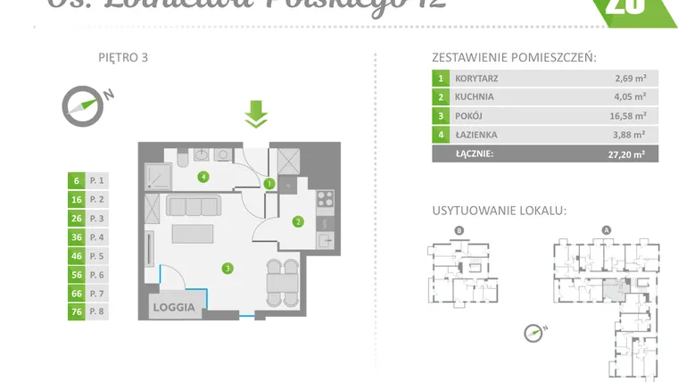 Rzut - Mieszkanie na sprzedaż 1 pokój o powierzchni 27,2 m² - numer 26 w Os. Lotnictwa Polskiego 12