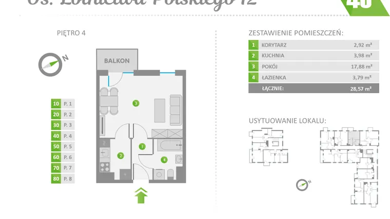 Rzut - Mieszkanie na sprzedaż 1 pokój o powierzchni 28,57 m² - numer 40 w Os. Lotnictwa Polskiego 12