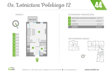 Rzut - Mieszkanie na sprzedaż 1 pokój o powierzchni 27,37 m² - numer 44 w Os. Lotnictwa Polskiego 12