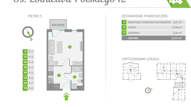 Rzut - Mieszkanie na sprzedaż 1 pokój o powierzchni 27,37 m² - numer 44 w Os. Lotnictwa Polskiego 12