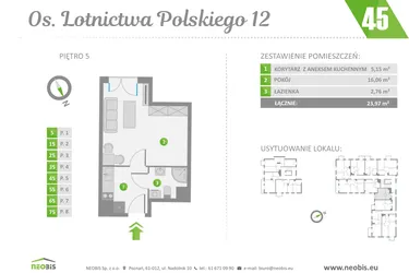 Rzut - Mieszkanie na sprzedaż 1 pokój o powierzchni 23,97 m² - numer 45 w Os. Lotnictwa Polskiego 12