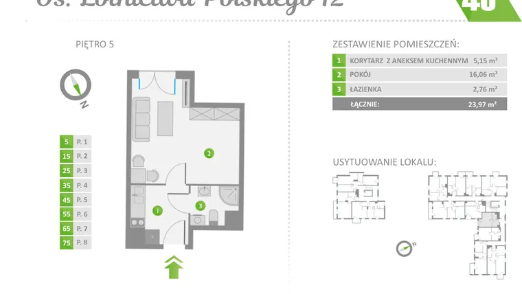 Rzut - Mieszkanie na sprzedaż 1 pokój o powierzchni 23,97 m² - numer 45 w Os. Lotnictwa Polskiego 12