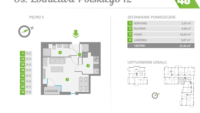 Rzut - Mieszkanie na sprzedaż 1 pokój o powierzchni 27,25 m² - numer 46 w Os. Lotnictwa Polskiego 12