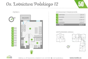 Rzut - Mieszkanie na sprzedaż 1 pokój o powierzchni 28,66 m² - numer 50 w Os. Lotnictwa Polskiego 12