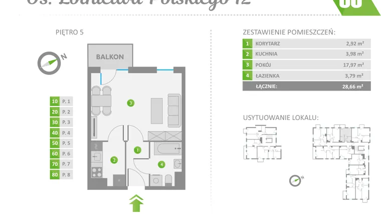 Rzut - Mieszkanie na sprzedaż 1 pokój o powierzchni 28,66 m² - numer 50 w Os. Lotnictwa Polskiego 12