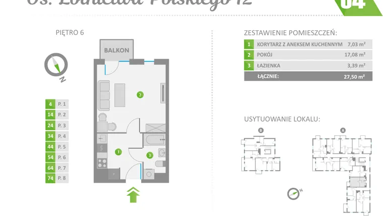 Rzut - Mieszkanie na sprzedaż 1 pokój o powierzchni 27,5 m² - numer 54 w Os. Lotnictwa Polskiego 12