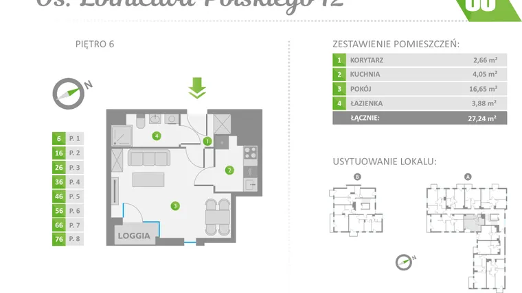 Rzut - Mieszkanie na sprzedaż 1 pokój o powierzchni 27,24 m² - numer 56 w Os. Lotnictwa Polskiego 12