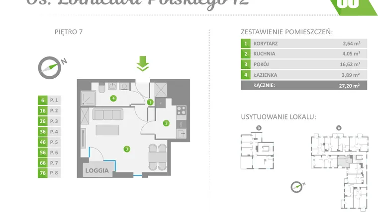 Rzut - Mieszkanie na sprzedaż 1 pokój o powierzchni 27,2 m² - numer 66 w Os. Lotnictwa Polskiego 12