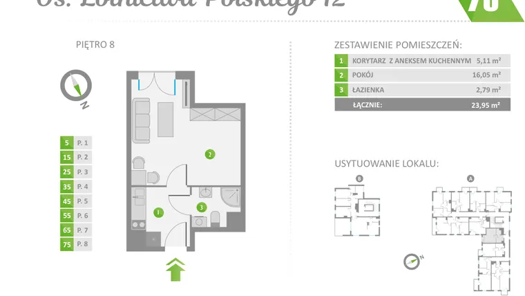 Rzut - Mieszkanie na sprzedaż 1 pokój o powierzchni 23,95 m² - numer 75 w Os. Lotnictwa Polskiego 12