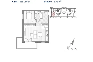 Rzut - Mieszkanie na sprzedaż 2 pokoje o powierzchni 42,8 m² - numer F.28 w Glogera bud. F i G