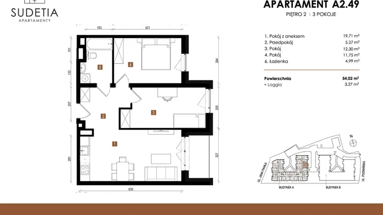 Rzut - Mieszkanie na sprzedaż 3 pokoje o powierzchni 54,02 m² - numer A 2.49 w Apartamenty Sudetia