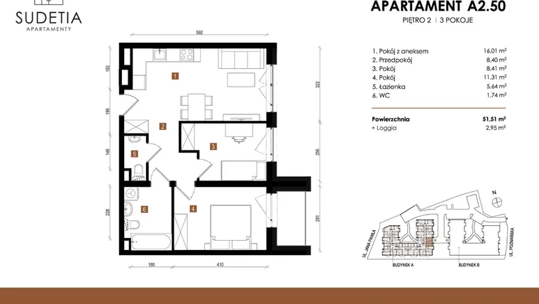 Rzut - Mieszkanie na sprzedaż 3 pokoje o powierzchni 51,51 m² - numer A 2.50 w Apartamenty Sudetia