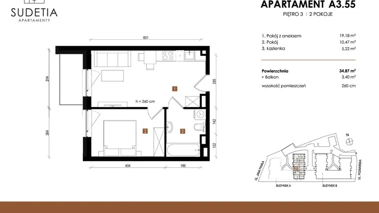 Rzut - Mieszkanie na sprzedaż 2 pokoje o powierzchni 34,87 m² - numer A 3.55 w Apartamenty Sudetia